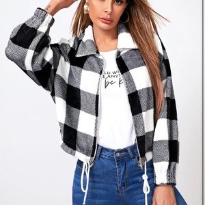 Black and white flannel zip up